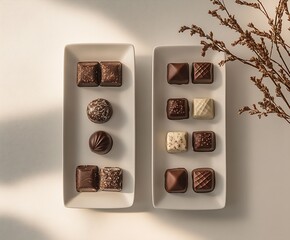 Aufkleber - Luxurious selection of handmade chocolates arranged artistically on elegant white plates for dessert lovers : Generative AI