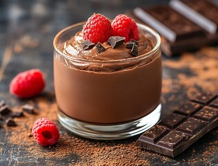 Aufkleber - Rich and creamy chocolate mousse topped with fresh raspberries and dark chocolate pieces in an elegant glass dessert : Generative AI