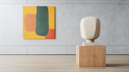 Poster - Architectural 3D renderings architecture realism concept.  A minimalist art gallery featuring a sculpture on a pedestal and an abstract painting with vibrant colors on the wall.