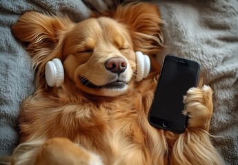 Poster - Content golden retriever enjoying music with phone and headphones while lying on the bed : Generative AI