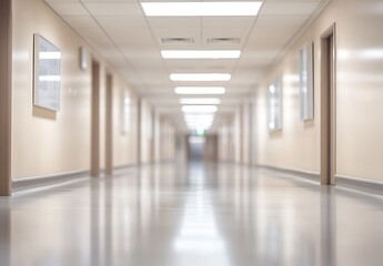 Poster - Modern corridor in a welllit building featuring a reflective floor and soft lighting for interior design : Generative AI
