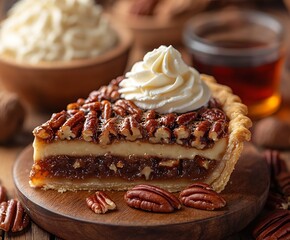 Poster - Irresistible pecan pie with a rich filling served on a wooden table decorated with whipped cream and pecans : Generative AI