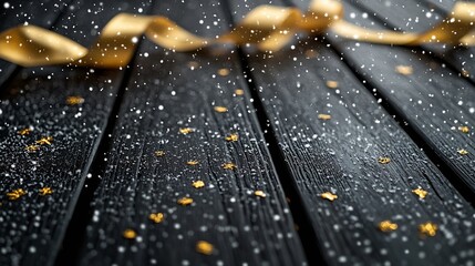 Poster - Snowy wooden surface adorned with festive golden elements creates a charming holiday atmosphere : Generative AI