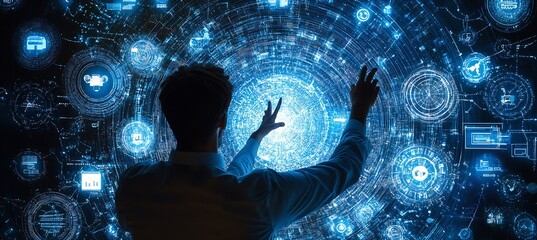 Fototapete - Man reaching out as he interacts with a glowing digital display full of advanced technology and data analytics : Generative AI