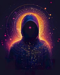 Poster - A hooded figure with glowing circuits and concentric radiant circles