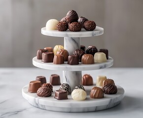 Aufkleber - Elegant Chocolate Display on a Three Tiered Marble Stand Featuring Assorted Gourmet Treats : Generative AI