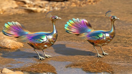  Iridescent peacocks by stream, desert background, art