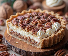Poster - Delicious pecan pie with a creamy filling and topped with whipped cream on rustic wooden table : Generative AI