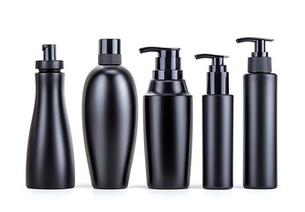 Fototapete - Five sleek black cosmetic bottles lined up against a white background perfect for showcasing skincare products : Generative AI