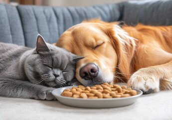 Poster - Grey cat and golden retriever sleeping peacefully next to a bowl of food : Generative AI