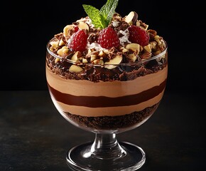 Aufkleber - Delicious chocolate dessert with layers of cream nuts and fresh raspberries for an elegant presentation : Generative AI