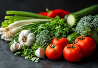 Poster - Fresh and vibrant assortment of vegetables including tomatoes garlic and greens on a dark background : Generative AI