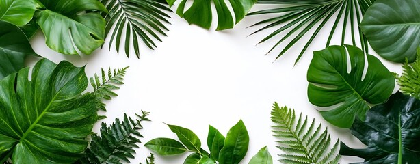 Poster - Vibrant collection of tropical green leaves arranged beautifully on a white background for natural decoration : Generative AI