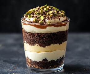 Aufkleber - Delicious chocolate layer dessert with rich cream topped with crushed pistachios served in glass : Generative AI