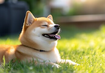 Aufkleber - Happy shiba inu dog basking in sunlight while lying on green grass in vibrant outdoor setting : Generative AI