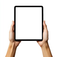 Fototapete - CloseUp of Hands Holding a Blank Tablet Against a White Background : Generative AI