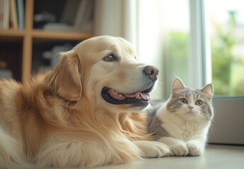 Poster - Golden retriever and kitten relaxing together in a sunny living room environment : Generative AI