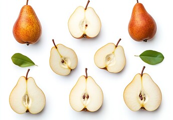 Poster - Ripe juicy pears sliced and arranged with fresh green leaves for healthy food imagery and concepts : Generative AI