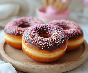 Poster - Indulgent Chocolate Glazed Donuts with Colorful Sprinkles on a Wooden Plate : Generative AI