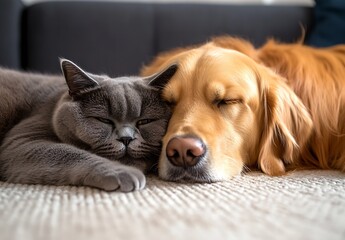 Poster - Cute cat and dog cuddling close together while enjoying a peaceful nap on the soft rug : Generative AI