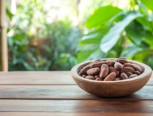 Poster - Natura Wood Bowl Filled with Freshly Harvested Cocoa Beans on Wooden Surface : Generative AI