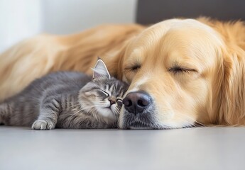 Poster - Golden retriever and tabby cat cuddling together while sleeping peacefully on a sleek floor : Generative AI