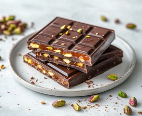 Aufkleber - Delicious slices of chocolate with nuts on a plate surrounded by scattered pistachios : Generative AI