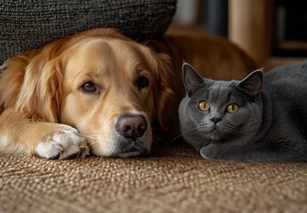 Poster - Golden retriever and gray cat relaxing together in a cozy indoor setting on a textured rug : Generative AI