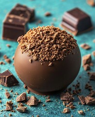 Aufkleber - Luxury chocolate truffle surrounded by rich chocolate pieces creating a delightful and textured gourmet display : Generative AI