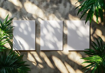 Poster - Three clean blank canvases illuminated by soft lighting against a natural wall surrounded by vibrant green foliage : Generative AI