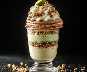 Aufkleber - Delicious dessert sundae with creamy layers of pistachio and topped with crunchy macaron : Generative AI