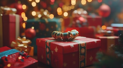 Aufkleber - Festively wrapped Christmas gifts surrounded by warm bokeh lights creating a magical holiday atmosphere : Generative AI