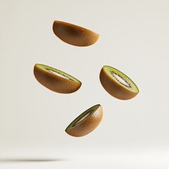 Poster - Floating slices of brown kiwi demonstrating a fresh and healthy fruit choice against a clean white background : Generative AI
