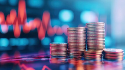 Poster - A close-up of stacked coins with a dynamic financial chart in the background, symbolizing investment and economic growth.