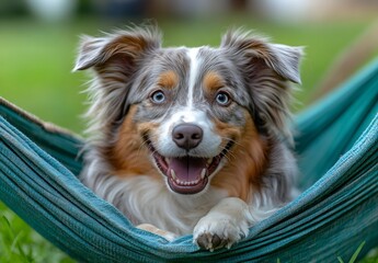 Poster - Happy Australian Shepherd Relaxing in a Hammock with a Big Smile on a Sunny Day : Generative AI