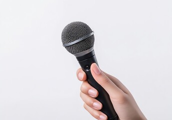 Poster - Close up of a person's hand holding a black microphone with a textured mesh head : Generative AI
