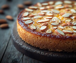 Aufkleber - Delicious almond cake with a golden crust and sliced almonds on top placed on a rustic wooden table : Generative AI