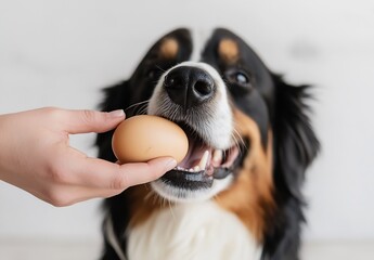 Aufkleber - Happy Dog Holding Egg in Mouth with Person's Hand Offering in Bright Room Full of Natural Light : Generative AI