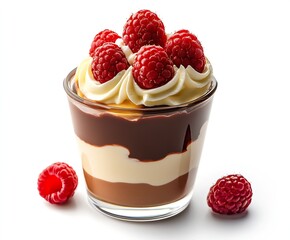 Aufkleber - Delicious raspberry dessert with layers of chocolate cream and whipped topping in glass cup : Generative AI