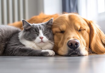 Poster - Golden retriever and fluffy grey cat peacefully sleeping side by side at home : Generative AI