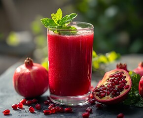 Aufkleber - Refreshing pomegranate juice served in a tall glass garnished with mint leaves and pomegranate seeds : Generative AI