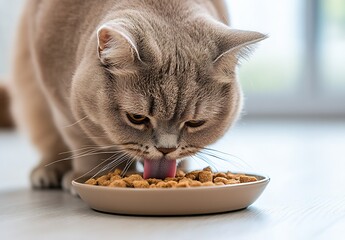 Poster - Cute fluffy cat enjoying delicious dry food from a plate in a sunlit room : Generative AI