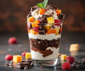 Aufkleber - Vibrant fruit parfait layered with chocolate cream and fresh berries showcased in a stylish glass : Generative AI