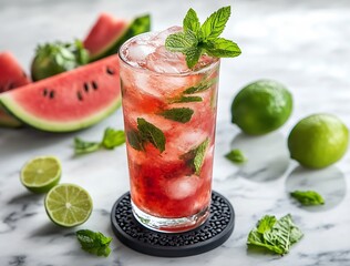 Poster - Refreshing watermelon mint cocktail served in a tall glass with ice and fresh mint leaves : Generative AI