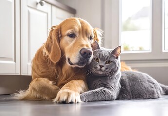 Poster - Golden Retriever and Grey British Shorthair Cat Relaxing Together in Bright Kitchen : Generative AI
