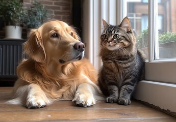 Aufkleber - Cuddly golden retriever and tabby cat enjoying a serene moment by the window with soft light illuminating the room : Generative AI