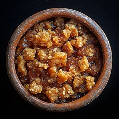 Poster - Deliciouslooking brown sugar in a rustic clay bowl showcasing a rich texture and appealing color : Generative AI