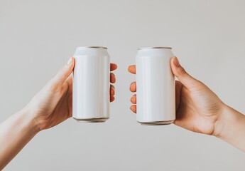 Poster - Two hands holding blank white beverage cans against a light background for a minimalist design concept : Generative AI