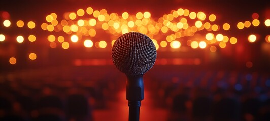 Poster - Closeup view of a textured microphone on stage with warm bokeh lights creating a dramatic atmosphere : Generative AI