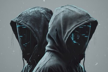 Poster - Two figures are wearing hooded garments with technological visages